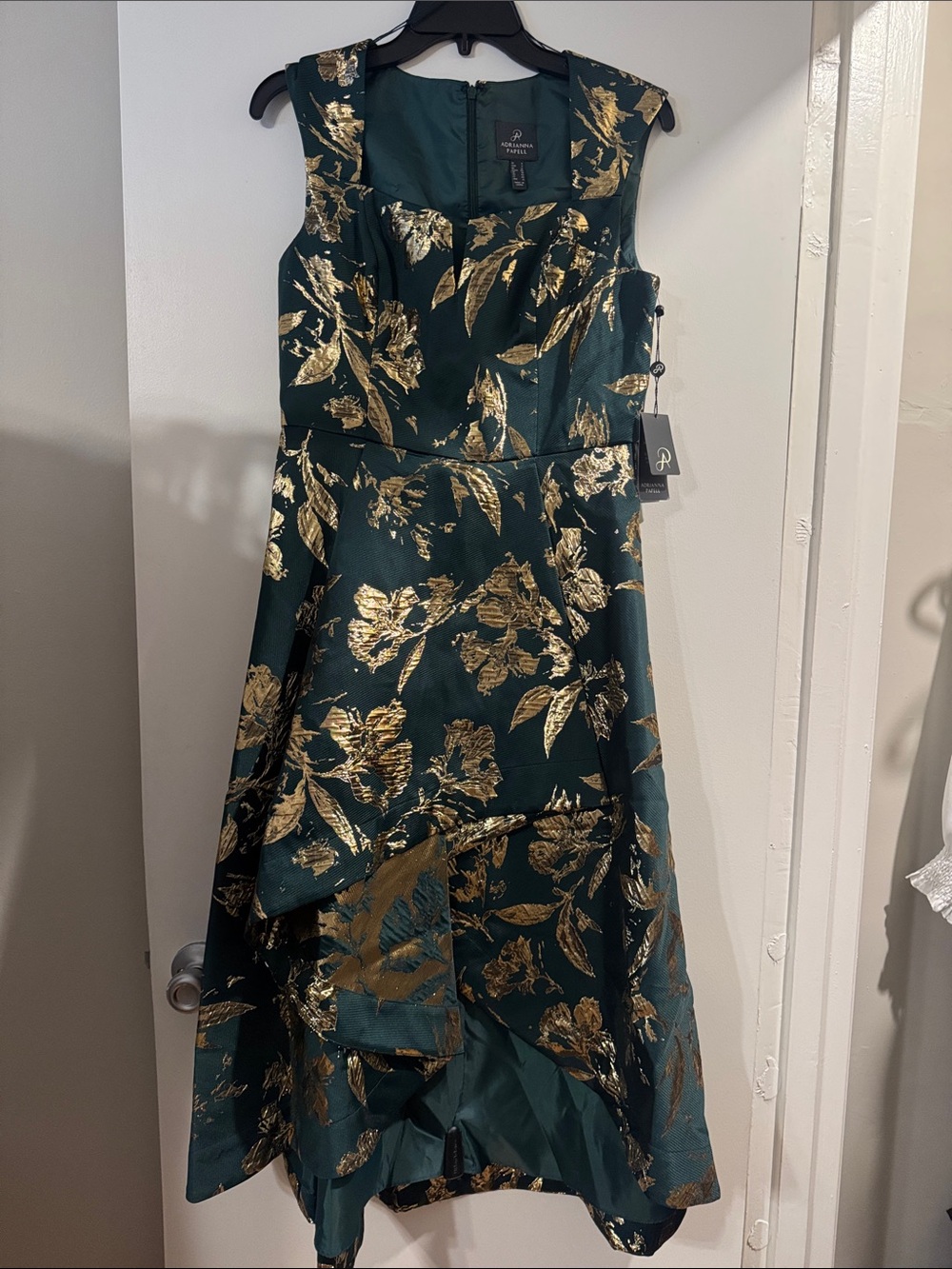 Adrianna Papell Dark Green and Metallic Gold Floral High-Low Dress